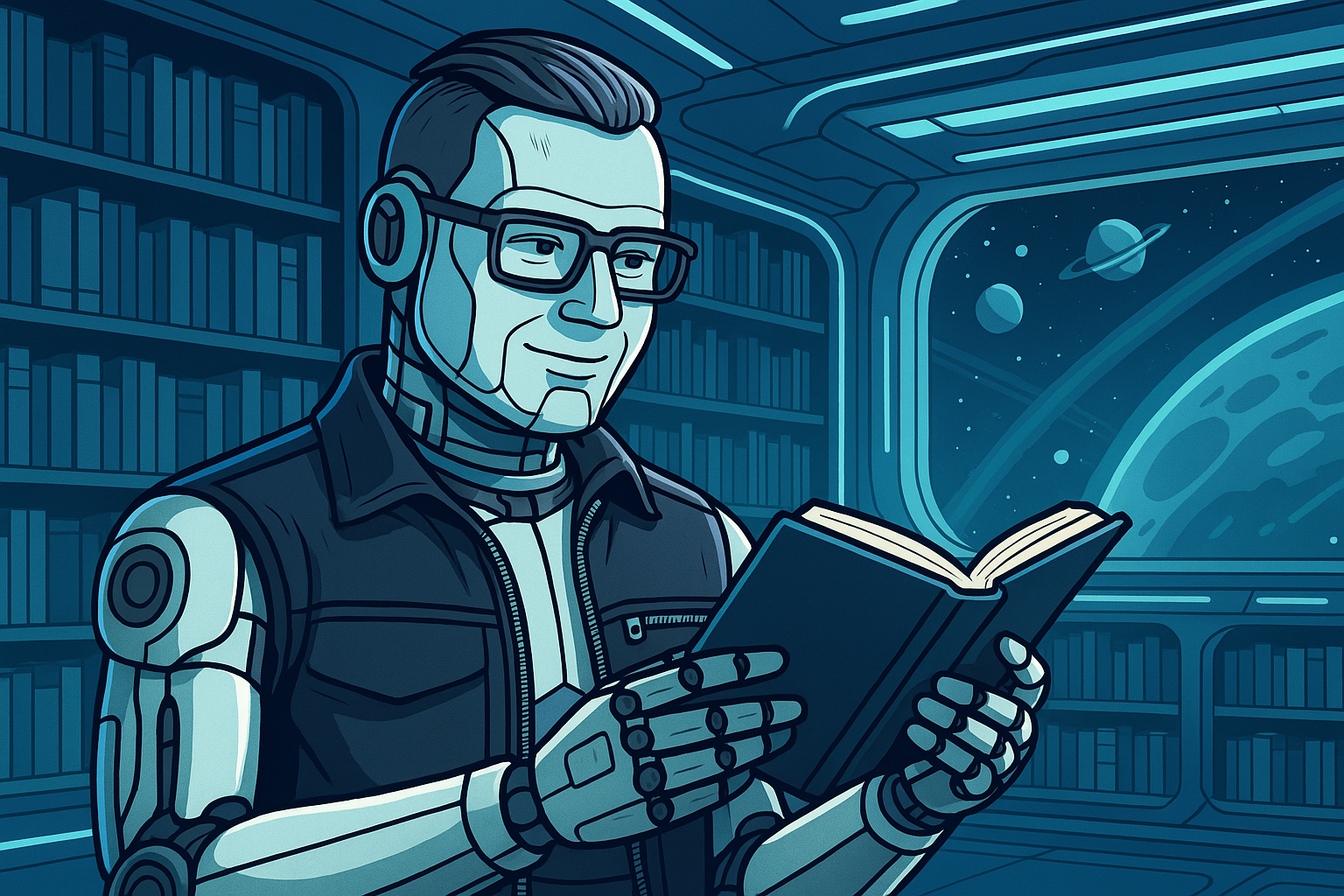 Illustration of Andrew as a robot in space